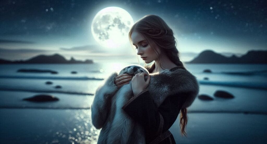 Kobieta selkie nad brzegiem morza