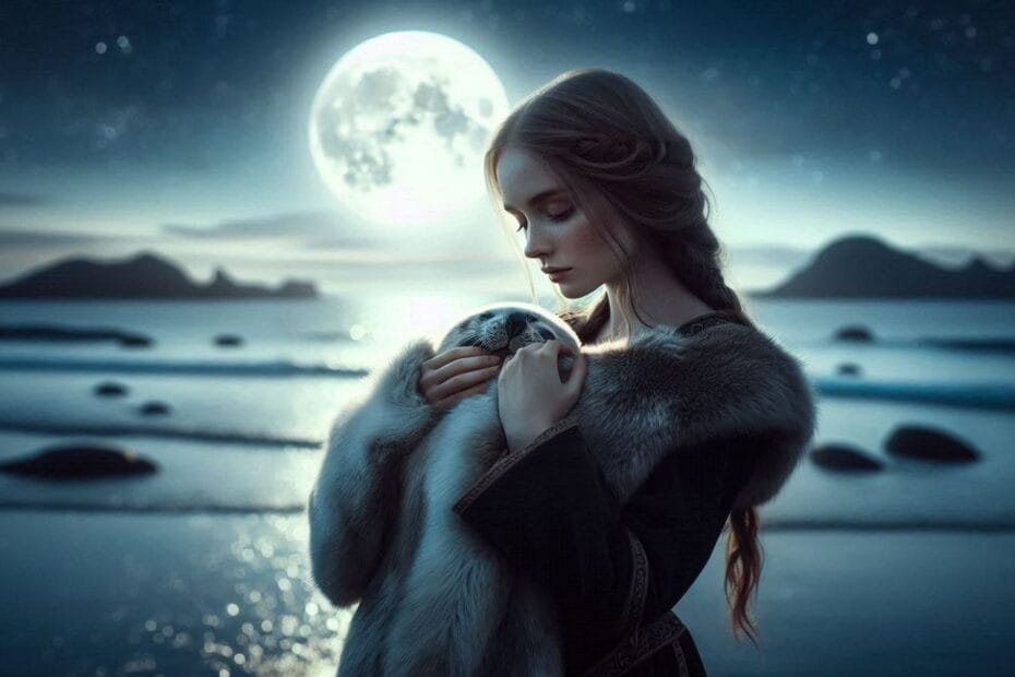 Kobieta selkie nad brzegiem morza