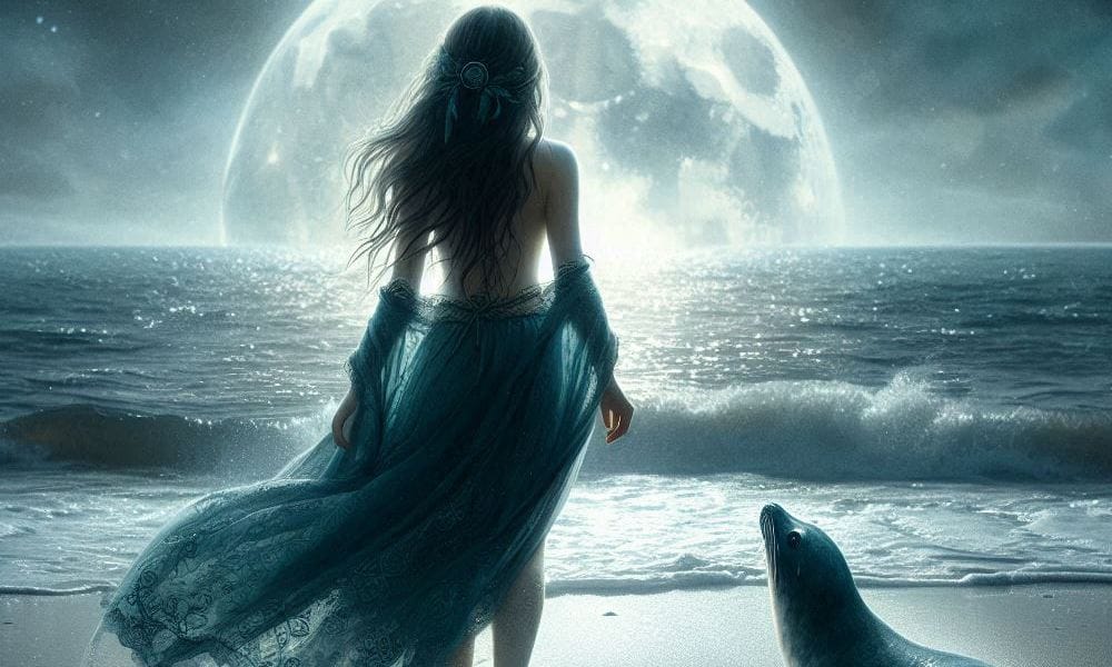 Selkie wracająca w nocy do morza na tle ogromnego księżyca