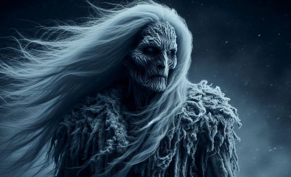 Cailleach z mitologii celtyckiej. Pradawna bogini o białych włosach i okryta lodowym płaszczem