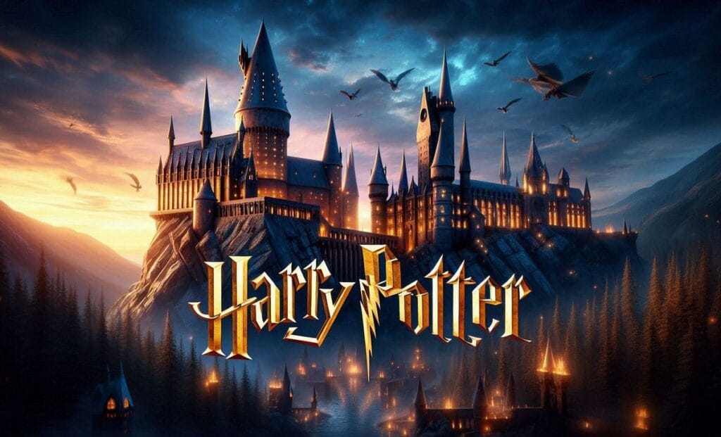 Zamek i złoty napis "Harry Potter" na pierwszym planie