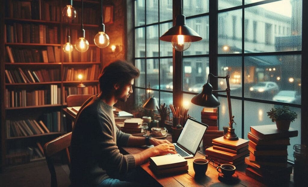 Pisarz pracujący na laptopie w klimatycznym pomieszczeniu z oknami wychodzącymi na ulicę