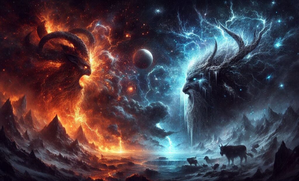 Wizualizacja powstania świata według mitologii nordyckiej - starcie krainy ognia i lodu