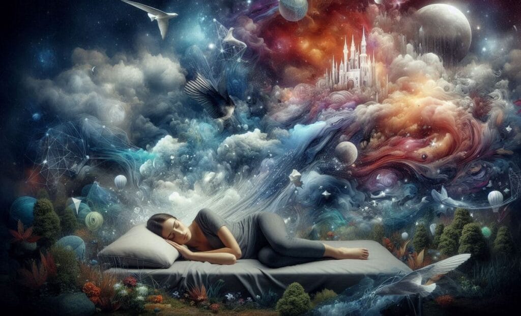 Śpiąca kobieta otoczona sennymi wizjami