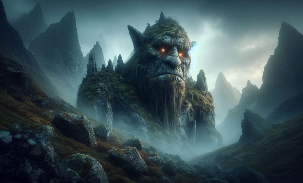 Troll wśród górskich szczytów. Ma czerwone oczy