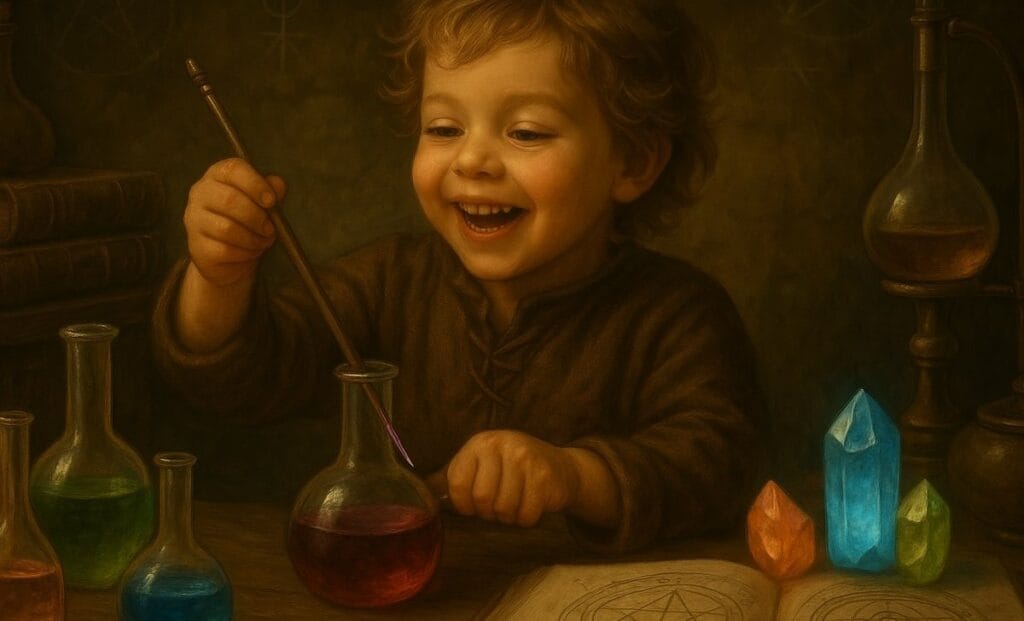 Alchemia dla dzieci - dziecko bawiące się w alchemika
