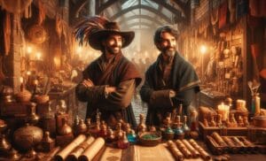 Dwóch kupców fantasy obok stołu z towarami