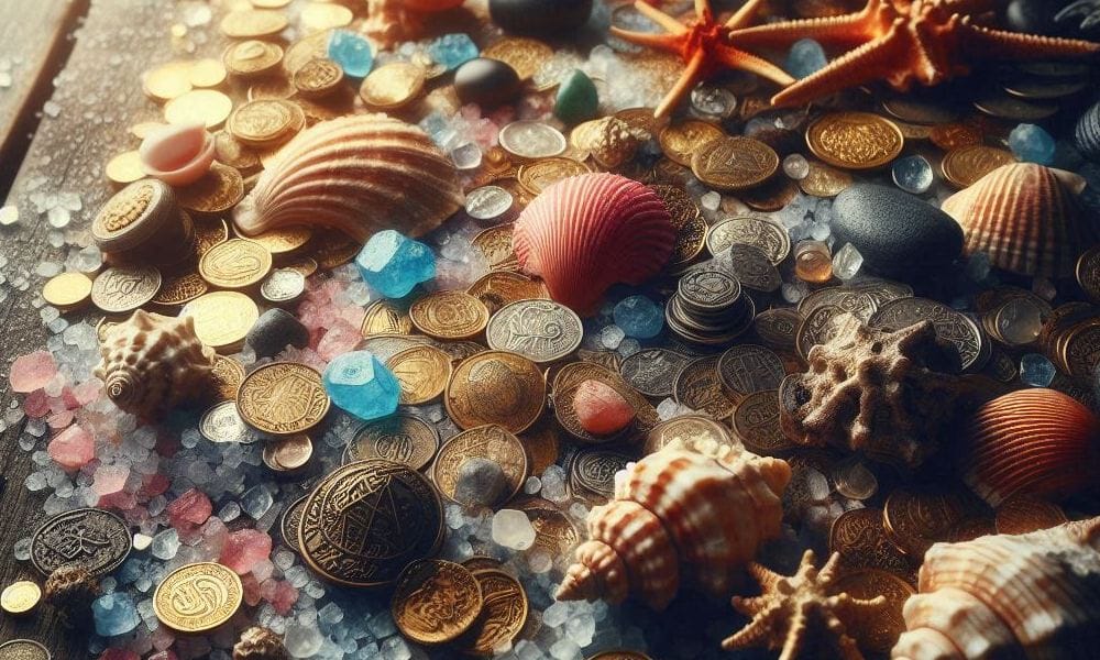 Handel w świecie fantasy - przykładowa waluta w postaci złotych i srebrnych monet, klejnotów, muszli i soli