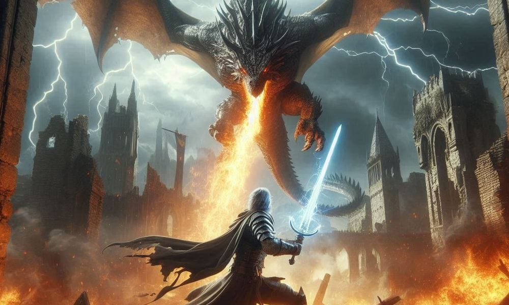 Cele postaci, rycerz fantasy z lodowym mieczem walczący ze smokiem w ruinach zamku