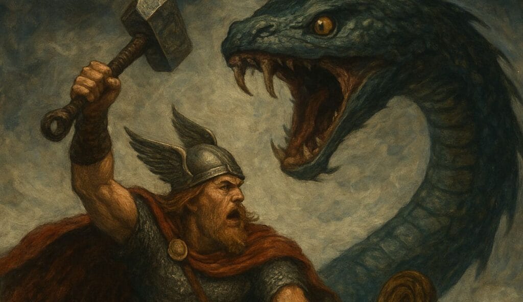 Thor na rybach, walczący z Jörmungandrem