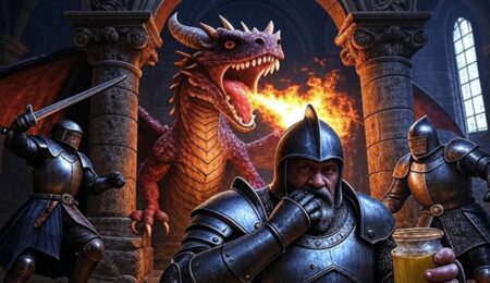 Humor w fantasy - smok ziejący ogniem i rycerz z kremem do opalania