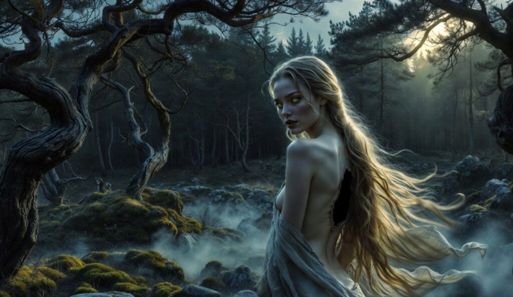 Huldra, leśna uwodzicielka w mitologii nordyckiej. Tajemnicza, uwodzicielska kobieta w mrocznym lesie z dziurą w plecach odsłaniającą kości