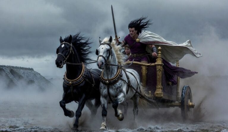 Cuchulainn legenda. Pies Ulsteru pędzący na rydwanie. Fioletowa tunika i biały płaszcz. Rydwan ciągną dwa konie: biały i czarny