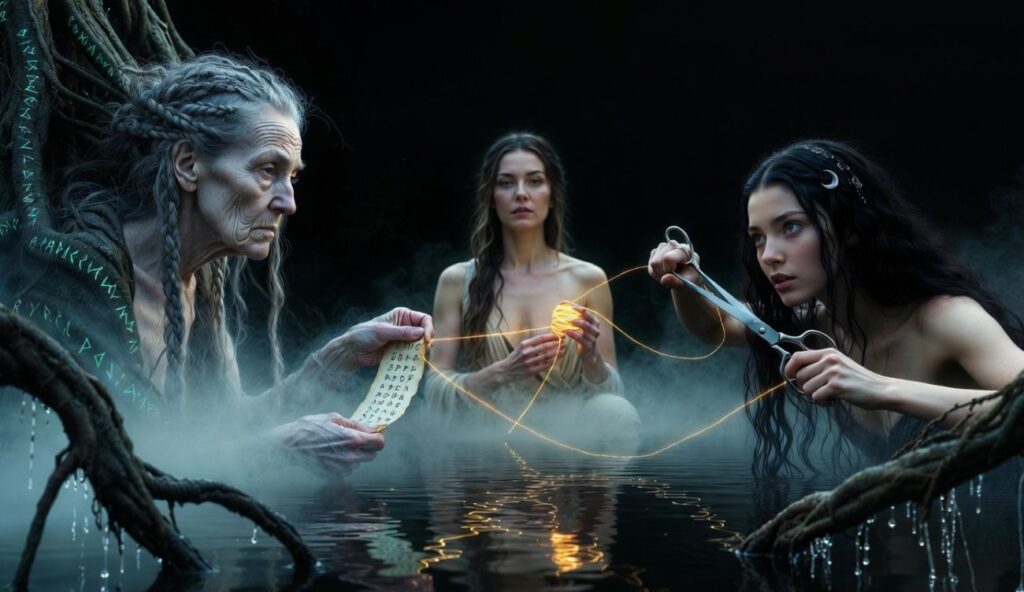 Tajemnicze norny w mitologii nordyckiej. Trzy kobiety trzymające złote nici losu