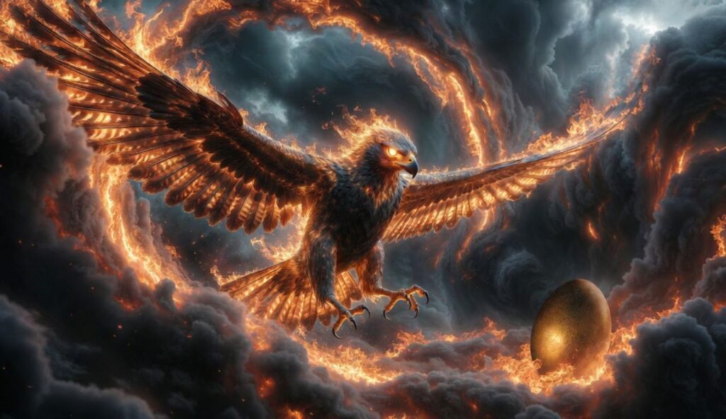Raróg w bestiariuszu słowiańskim. Ognisty ptak na tle czarnych chmur i płomieni