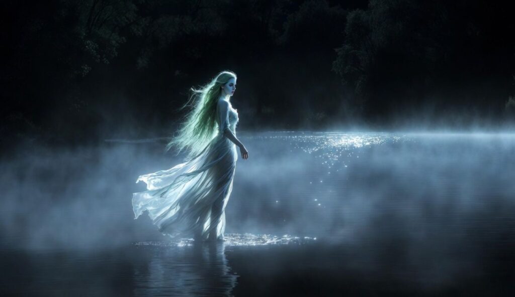Rusałka w bestiariuszu słowiańskim. Eteryczna kobieta o zielonych włosach, ubrana w zwiewną suknię stojąca w nocy w płytkiej wodzie jeziora