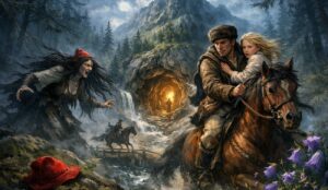 Polska legenda o dziwożonie z Łopusznej. Obrazek ilustrujący górala uciekającego konno z dziewczynką przed dziwożoną. W tle tajemnicza jaskinia