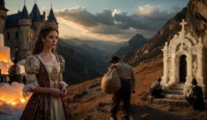 Legenda o św. Kindze. Ksieżniczka ze złotym pierścionkiem w dłoniach. Za nią są złoża soli, a po prawej symboliczna kaplica św. Kingi