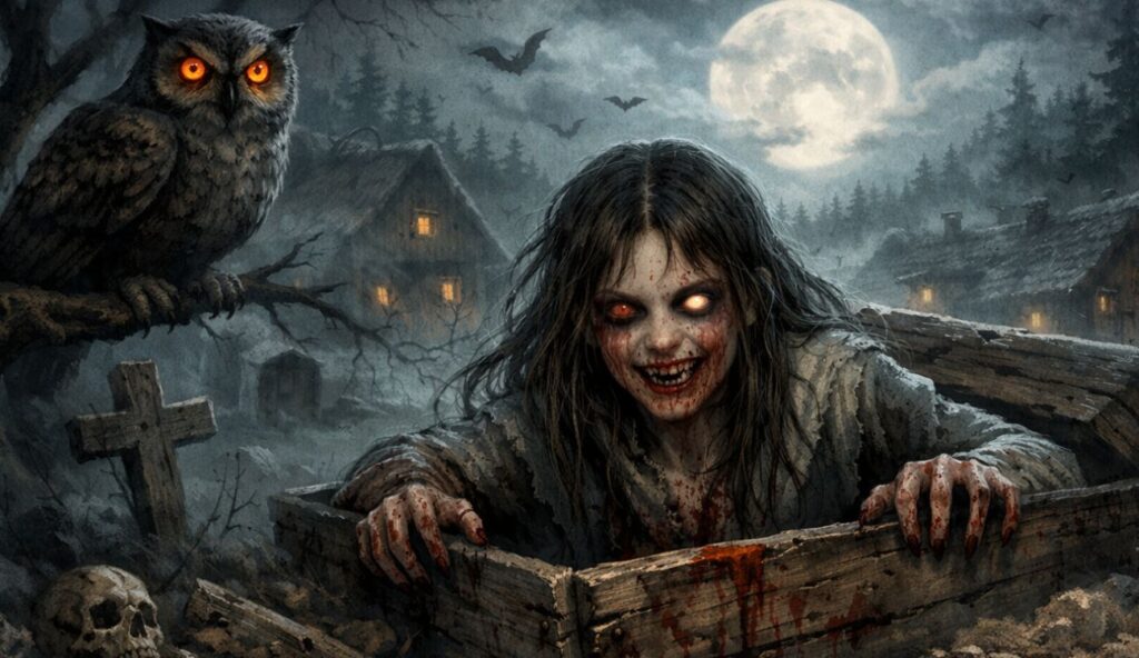 Polska legenda o strzydze. Mała strzyga wychodząca z grobu w nocy.