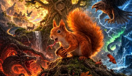 Ratatosk w mitologii nordyckiej. Wiewiórka z żołędziem na tle Yggdrasila. Po lewej stronie smok Nidhogg, a po prawej orzeł
