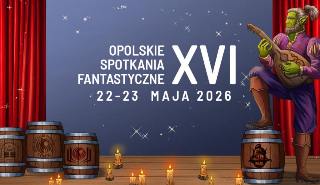 Oficjalna grafika, XVI Opolskie Spotkania Fantastyczne z datą konwentu. Ilustracja sceny teatralnej z bardem fantasy