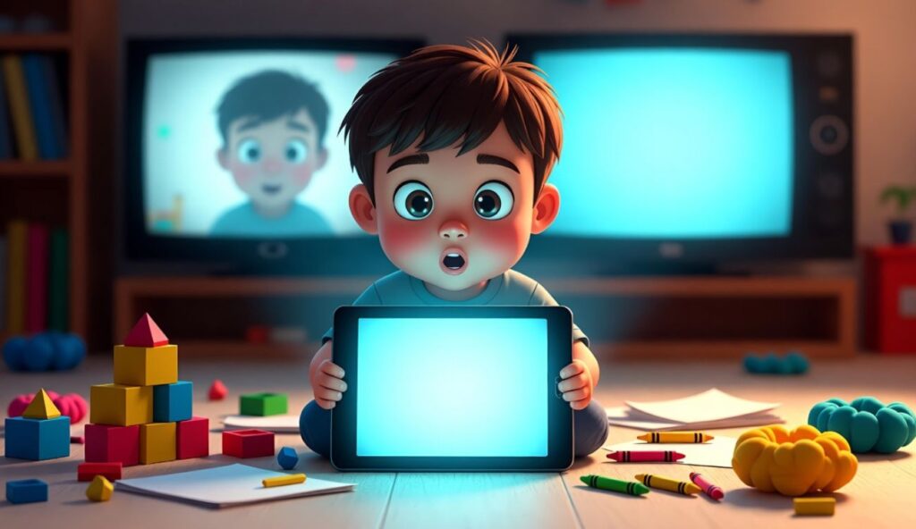Rysunek dziecka z tabletem. Dookoła na podłodze kolorowe zabawki, a w tle 2 telewizory.