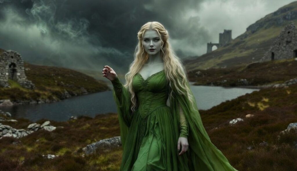 Glaistig w mitologii celtyckiej. Zielona Pani w zielonej sukni na tle mrocznego krajobrazu Szkocji i jeziora
