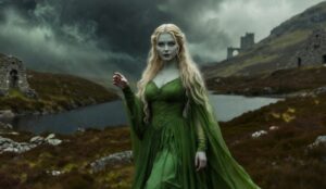 Glaistig w mitologii celtyckiej. Zielona Pani w zielonej sukni na tle mrocznego krajobrazu Szkocji i jeziora