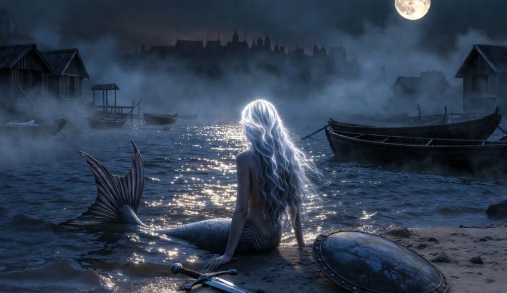 Legenda o warszawskiej Syrence. Syrena siedząca na piaszczystym brzegu. Jej jasne włosy lśnią w blasku księżyca. W tle, mgła, Wisła i rybacka osada