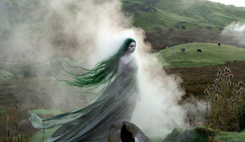 Celtycka legenda o glaistig. Blada kobieta w szarej sukni i długich zielonych włosach, otoczona mgłą. W tle zielone pastwiska