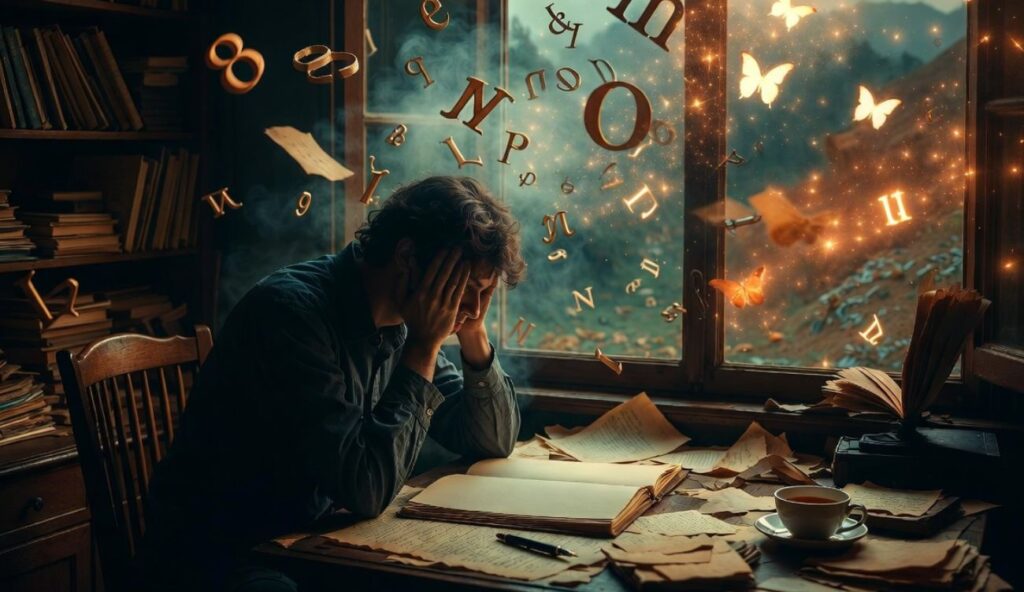 Jak przełamać pisarski kryzys? Mężczyzna siedzi pochylony nad pustym notatnikiem. Z jego głowy uciekają pomarańczowo-złote litery