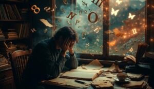 Jak przełamać pisarski kryzys? Mężczyzna siedzi pochylony nad pustym notatnikiem. Z jego głowy uciekają pomarańczowo-złote litery