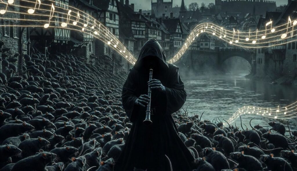 Polska legenda o szczurołapie z Hameln. Mężczyzna w czarnym płaszczu gra na flecie. Otaczają go setki szczurów