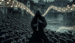 Polska legenda o szczurołapie z Hameln. Mężczyzna w czarnym płaszczu gra na flecie. Otaczają go setki szczurów