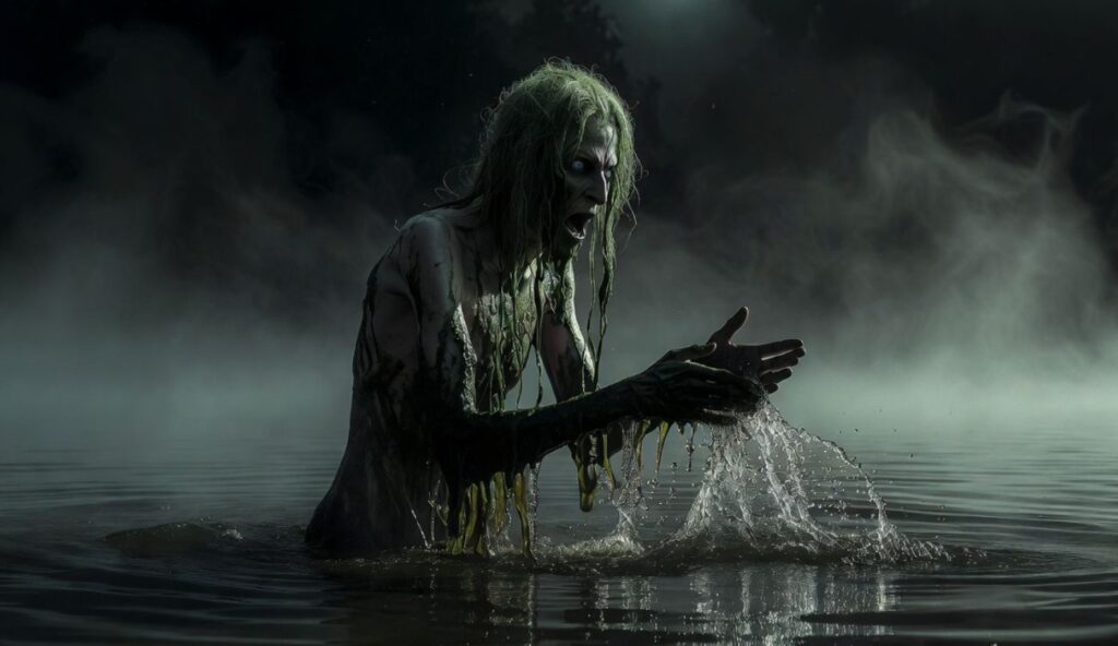 Utopiec w mitologii słowiańskiej. Demon wodny w jeziorze. W tle mgła