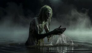 Utopiec w mitologii słowiańskiej. Demon wodny w jeziorze. W tle mgła