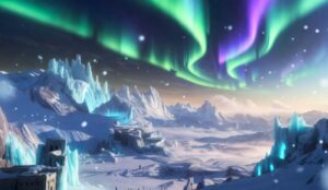 Worldbuilding - zimowe krainy fantasy. Sylwetki ludzi w lodowej krainie i zorza polarna na niebie.