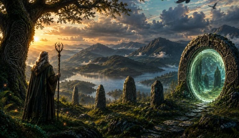 Wierzenia Celtów - druid obok rozłożystego dębu stoi na szczycie wzgórza przed magicznym portalem do świata Celtów