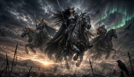 Walkirie w mitologii nordyckiej, przemierzające pole bitwy