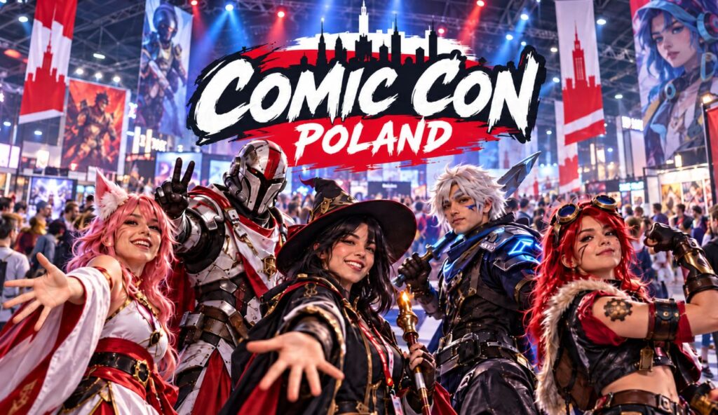 Comic Con Poland nadchodzi do Polski. Co wiemy o nowym wydarzeniu? Napis Comic Con Poland nad cosplayerami