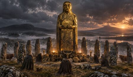 Crom Cruach w mitologii celtyckiej - złoty posąg prezentujący boga