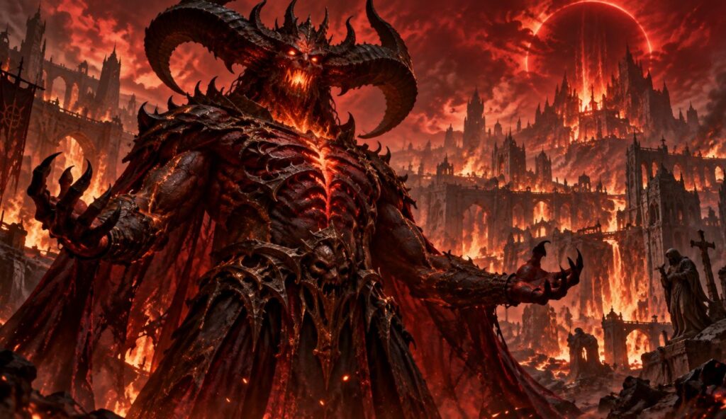 Diablo na tle płonącego miasta w apokaliptycznej wizji końca świata z Diablo V