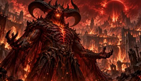 Diablo na tle płonącego miasta w apokaliptycznej wizji końca świata z Diablo V