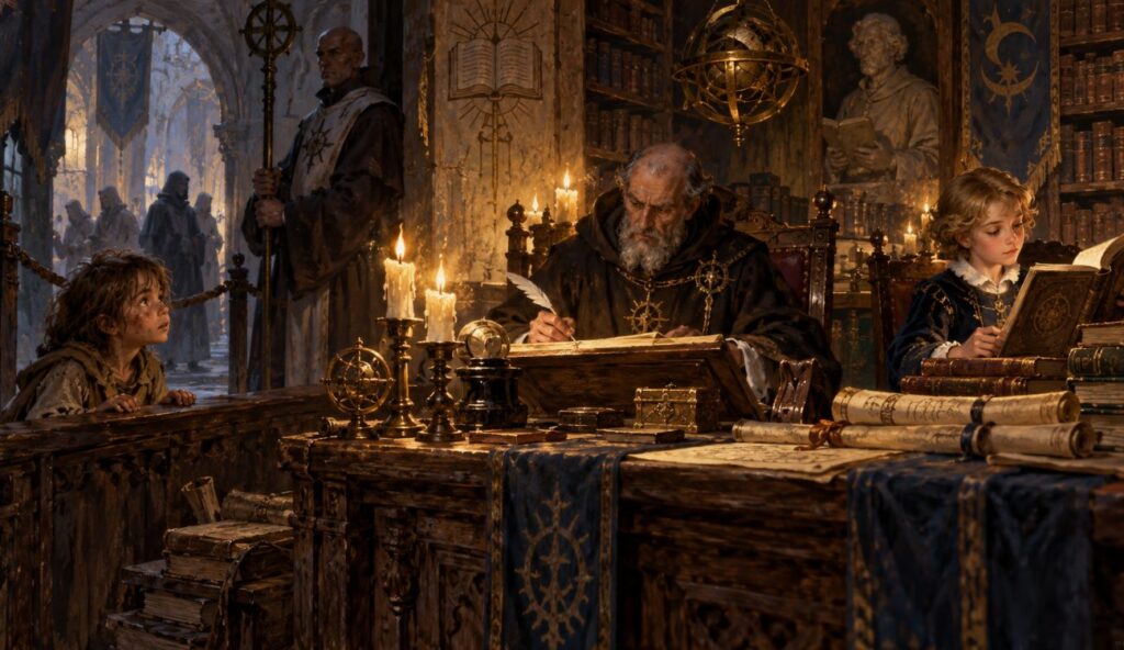 Dziecko patrzące na skrybę. Obrazek w stylistyce fantasy prezentujący edukację w fantastyce.