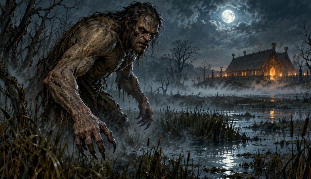 Grafika przedstawiająca Grendel z poematu "Beowulf"