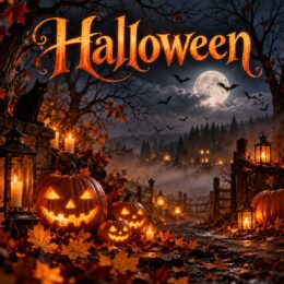 Dynie nocą, księżyc w tle i napis "Halloween"