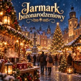 Jarmark bożonarodzeniowy, ludzie, ozdoby świąteczne i stoiska