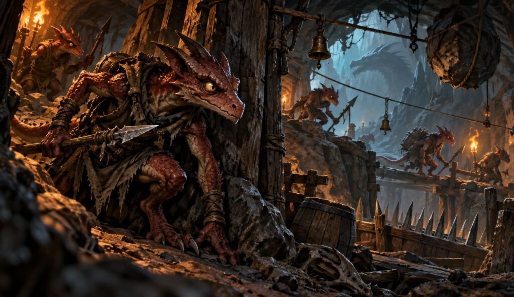 Kobold z Dungeons & Dragons skradający się w tunelach