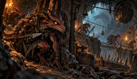 Kobold z Dungeons & Dragons skradający się w tunelach