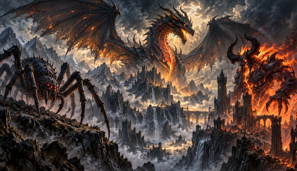 Najpotężniejsze bestie fantasy z widocznymi pająkami, demonem i smokiem